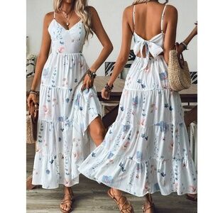 Boho Floral Print Back Tie Cottagecore Maxi Dress